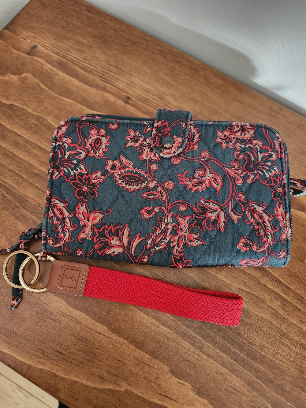 Vera Bradley Teal Quilted Wallet with Red Floral Print and Red Wrist Strap
